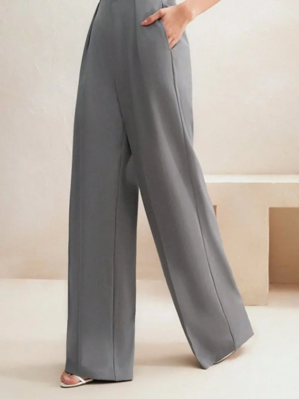 Gray Wide-Leg Suit Pants Tailored Trousers